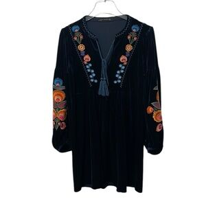 Zara Luxe Blue Velvet Embroidered Boho Dress Size S